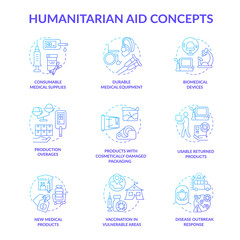 Humanitarian aid production concept icons set. Disable outbreak response. Vaccination and consumble medical supplies idea thin line color illustrations. Vector isolated outline drawings.