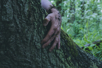A horror, fantasy concept. Dirt on a mans hand grabbing a tree trunk. With a dark moody edit.