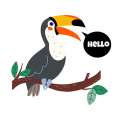 Obraz na płótnie Canvas Cute doodle Toucan bird sitting on a tree with message cloud - Hello vector illustration