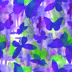 Seamless pattern of silhouettes of butterflies and watercolor strokes in purple and green colors. Insect print for fabric and other surfaces.