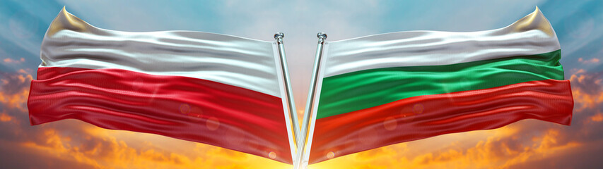 Poland Flag and Bulgaria flag waving with texture sky Cloud and sunset Double flag