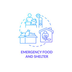 Naklejka premium Emergency food and shelter program concept icon. Voluuntering work. Keeping and feeding. Charity served meal in emergency abstract idea thin line illustration. Vector isolated outline color drawing.