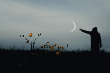 A sinister hooded figure standing in a field, out of focus. With a low camera angle. Reaching out to a crescent moon. © Dave