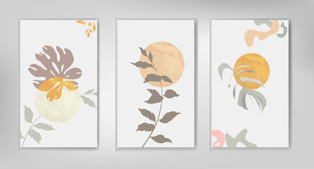 Floral leaves background set. Artistic wall art set. Tropical Foliage line artistic drawing with abstract leaves shapes. Abstract garden plant design for print, cover, wallpape. Natural minimal print 