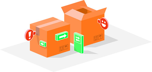 Small town of boxes. Urban packaging made with boxes and signs. Vector illustration of roads, highways and signs in the middle of the city of boxes.