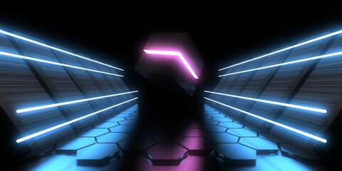 3D abstract background with neon lights.  .space construction . .3d illustration