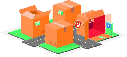 Small town of boxes. Urban packaging made with boxes and signs. Vector illustration of roads, highways and signs in the middle of the city of boxes.