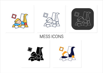 Mess icons set. Chaos in house. Laziness. Person sleep on desk. Procrastination concept.Collection of icons in linear, filled, color styles.Isolated vector illustrations