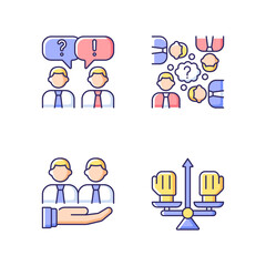 Collective work RGB color icons set. Office communication and support. Conflict management. Resolving team conflicts. Isolated vector illustrations. Simple filled line drawings collection