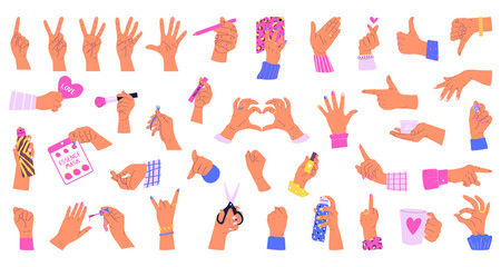 Fototapeta na wymiar Big set of hands Isolated on white background. Collection of various gestures. Vector illustration in flat style.