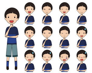 考えるポーズの笑ったり悩んだりする男の子の上半身イラストセット