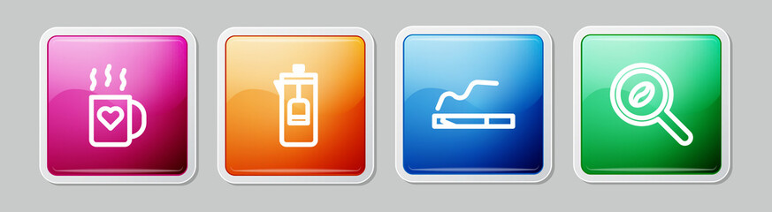 Set line Coffee cup and heart, French press, Cigarette and Selection coffee beans. Colorful square button. Vector