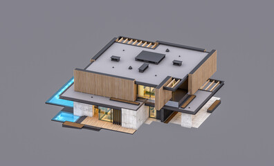 Fototapeta premium 3d rendering of modern cozy house with parking and pool for sale or rent with wood plank facade in evening. Isolated on gray