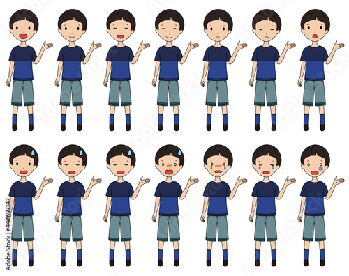 案内をする笑ったり落ち込んだりする男の子の全身イラストセット Wall Mural アオフジマキ