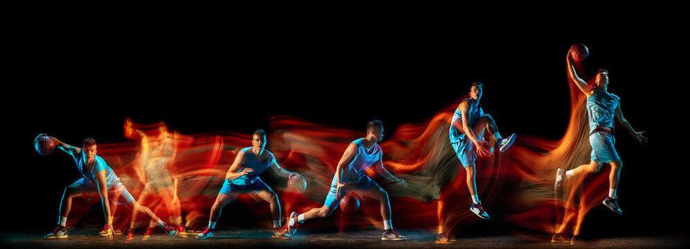 Development of motions. Young man, basketball player in action isolated over dark background in neon mixed colored light. Collage. Concept of sport, competition