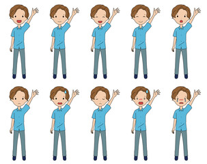 手を挙げている笑ったり悩んだりする男の子の全身イラストセット