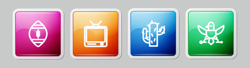 Set line American Football ball, Retro tv, Cactus and Eagle. Colorful square button. Vector