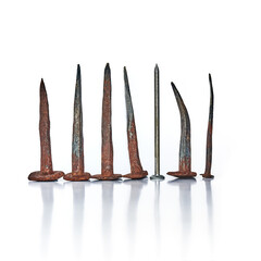 Row of rusty old nails of different heights arranged as graph on white background.