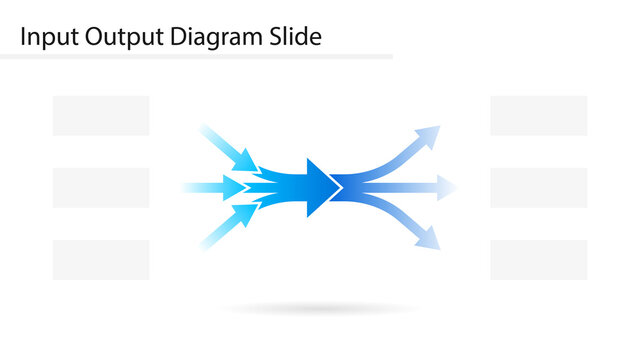 Input Output diagram with merging and diverging arrows slide template. Clipart image