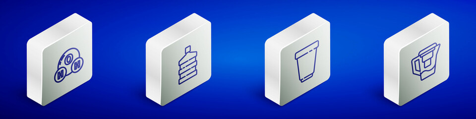 Set Isometric line Chemical formula for H2O, Big bottle with clean water, Water filter cartridge and jug icon. Vector