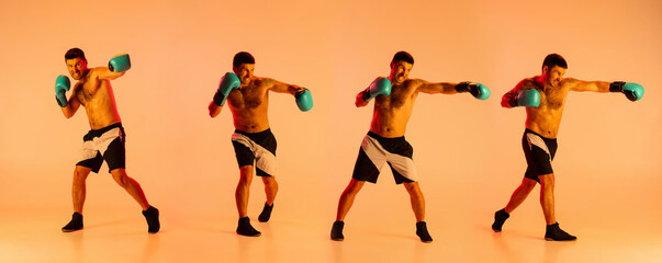 Development of motions in box. Collage. Young man, professional boxer in action training isolated over yellow studio background. Flyer. Concept of sport, competition