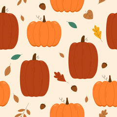 Seasonal autumn seamless pattern with with pumpkins, acorn and leaves. Autumnal hand drawn decorative elements.
