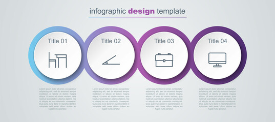 Set line School table and chair, Acute angle, backpack and Computer monitor screen. Business infographic template. Vector