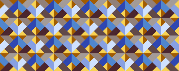 Vector seamless 3D pattern. Optical illusions. Op Art. Template for fabric or wrapping. Modern textile. Geometric ornament. Luxury backdrop. Stylish background. Wallpapers.  Tiles. Blue, yellow, brown