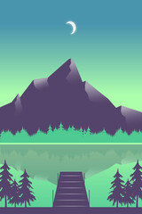 Flat Landscape Mountain and Lake view with green sky