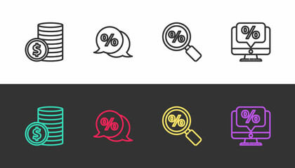 Set line Coin money with dollar, Discount percent tag, Magnifying glass and Percent discount and monitor on black and white. Vector