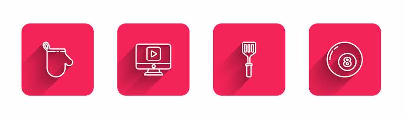 Set line Oven glove, Online play video, Spatula and Billiard pool snooker ball with long shadow. Red square button. Vector
