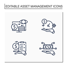 Asset management line icons set. Financial resources. Monitoring, management, plan accounts.Business concept. Isolated vector illustration.Editable stroke