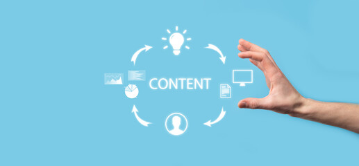 Content marketing cycle - creating, publishing, distributing content for a targeted audience online and analysis.