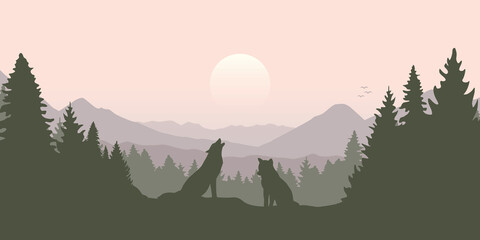 wolf pack in the green forest with mountain landscape