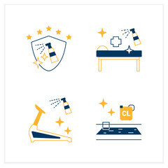  Surface disinfection flat icons set. Disinfection at public spaces, swimming pool, gym. Safety space and preventative measures. Preventing virus spread concept.Vector illustrations