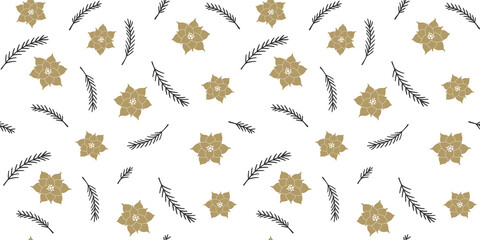 Endless texture with abstract gold poinsettia flowers and black fir branches on a white background. Vector seamless pattern for festive design, Christmas wallpaper, banner, packaging or wrapping paper