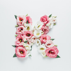 Letter K made with flower and leaves on bright white background. Floral mother's day alphabet concept. Spring blossom, valentine or romantic font collection. Flat lay, top view.