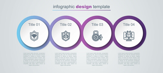 Set line Shield with WiFi wireless, System bug, Cyber security and on monitor. Business infographic template. Vector