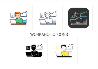 Workaholic icons set.Prevalence workaholism statistics. People number dependent on work. Man at laptop.Collection of icons in linear, filled, color styles.Isolated vector illustrations