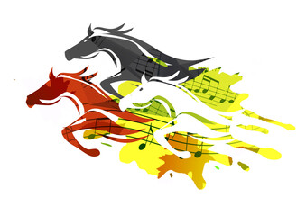 Musical motive with Running Horses. 
Expressive colorful illustration of horses silhouettes with musical notes. Country music concept.