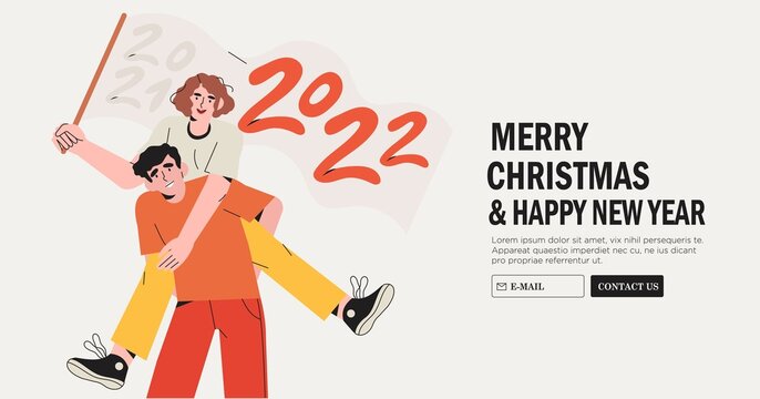Male and female character celebrate christmas or new year. Man hold woman with flag with 2022 numbers. Concept of new year banner, website, ui and email greeting. Happy people celebrate holidays.