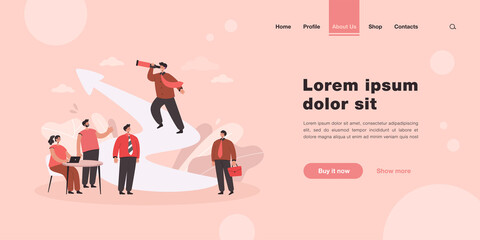 Cartoon leadership and teamwork in business challenge. Flat vector illustration. Business people training plan and running for leader with spyglass. Success, achievement concept for banner design