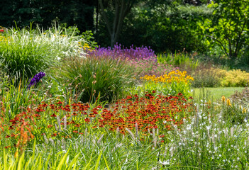 Colourful garden planted in the naturalistic style of the New Perennial movement, with emphasis on layering, structure, form and wide colour palette.  - obrazy, fototapety, plakaty