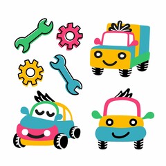 Naklejka premium A set of funny cars from 3 pieces. Vector illustration on a white isolated background. For printing souvenirs, postcards and textiles.