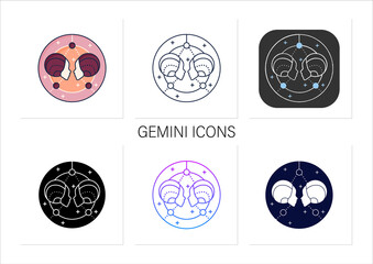 Gemini icons set. Third fire sign in zodiac. Horoscope twins. Mystic horoscope sign. Astrological science concept.Collection of icons in linear, filled, color styles.Isolated vector illustrations