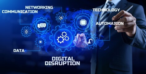 Digital disruption industry transformation technology revolution concept. Businessman pressing button on screen.
