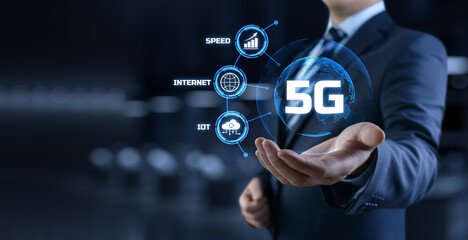 5G High-speed internet connection concept. Businessman pressing button on screen.