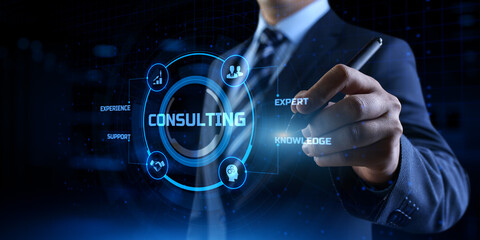 Consulting service business concept. Businessman pressing button on screen.