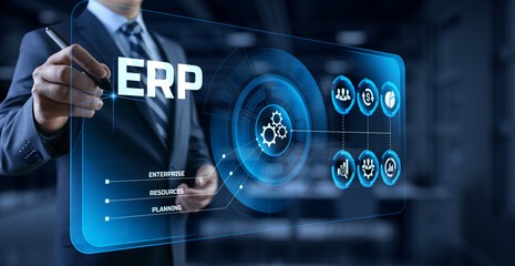 ERP Enterprise Resources planning software system business technology concept.