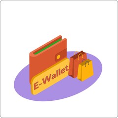 Money transfer to e-wallet concept, financial savings and online payment. Mockup wallet and shopping bag. Popular flat colors. Vector isometric 3d illustration.
